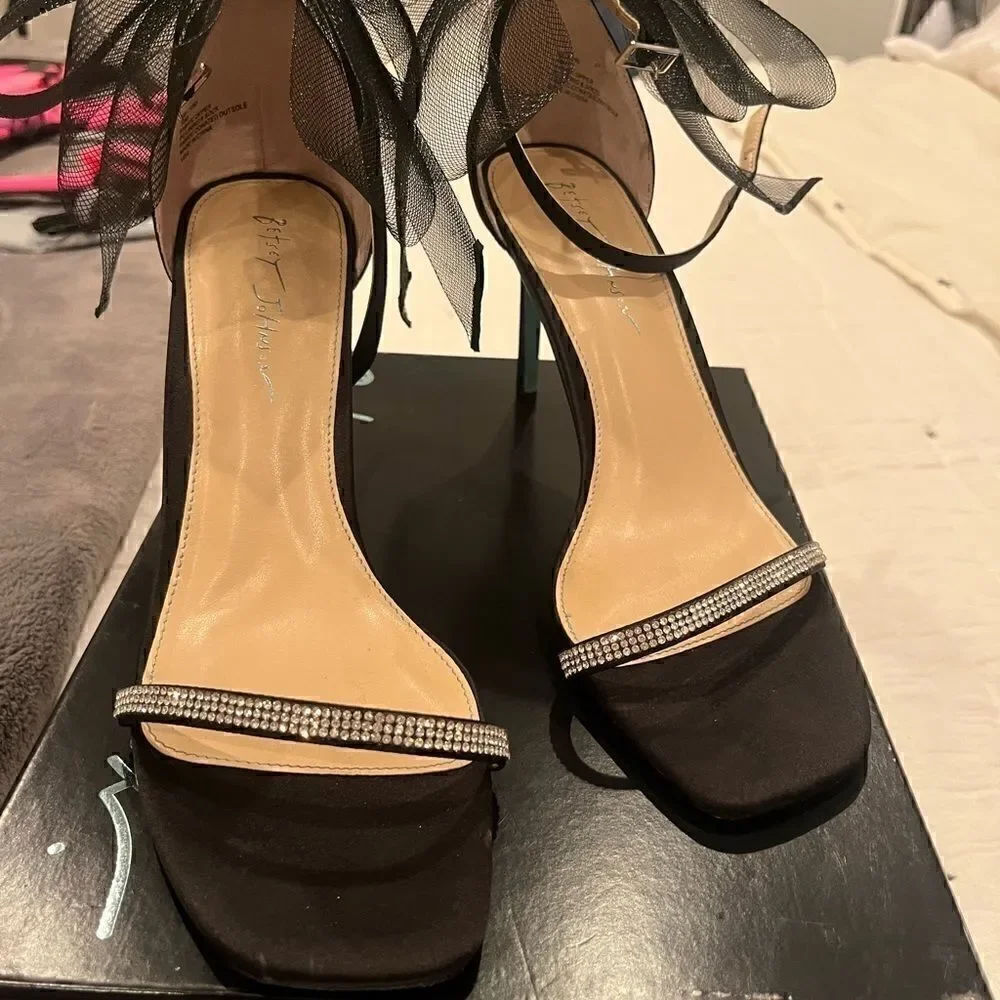 Betsy Johnson SB-Tori Black Satin Rhinestone Bow Ankle Strap